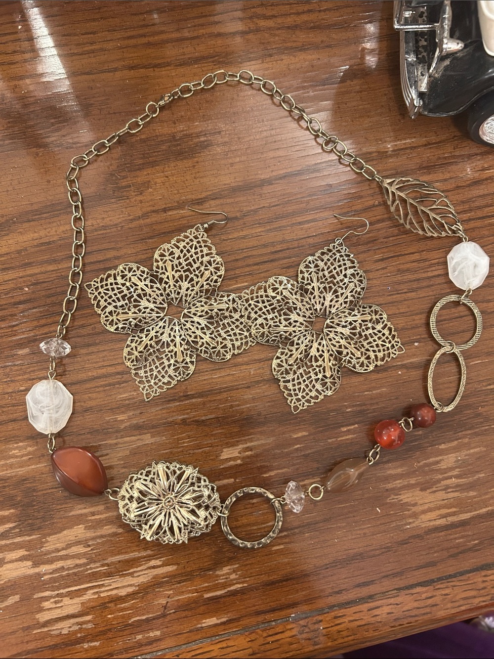 Gold-Tone Filigree Flower Necklace and Earring Set with Carnelian Accents